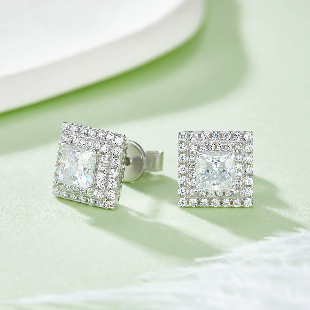 Princess Cut Moissanite Halo Pendant & Stud Earrings Set in White Gold Plated Sterling Silver#9