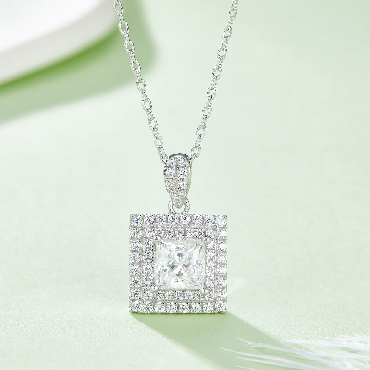 Princess Cut Moissanite Halo Pendant & Stud Earrings Set in White Gold Plated Sterling Silver#8