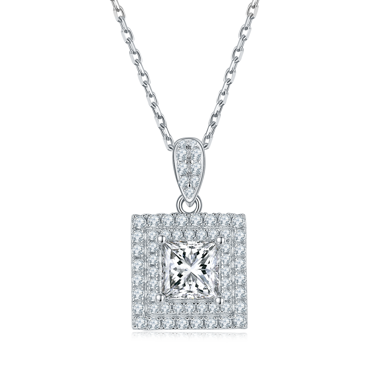 Princess Cut Moissanite Halo Pendant & Stud Earrings Set in White Gold Plated Sterling Silver#5
