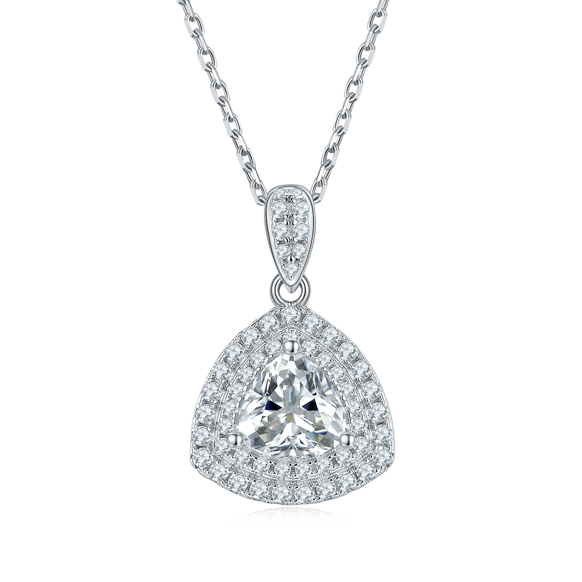 Trillion Cut Moissanite Halo Pendant & Stud Earrings Set in White Gold Plated Sterling Silver#5