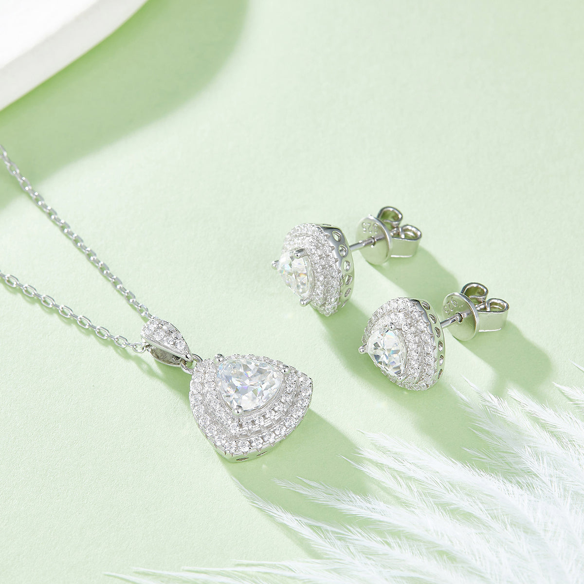 Trillion Cut Moissanite Halo Pendant & Stud Earrings Set in White Gold Plated Sterling Silver#7