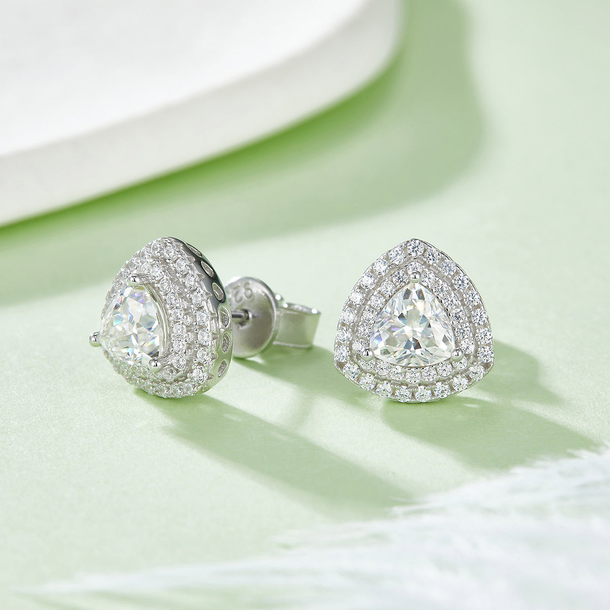 Trillion Cut Moissanite Halo Pendant & Stud Earrings Set in White Gold Plated Sterling Silver#9
