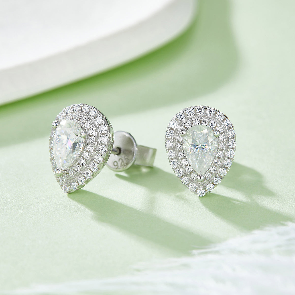 Pear Cut Moissanite Halo Pendant & Stud Earrings Set in White Gold Plated Sterling Silver#9