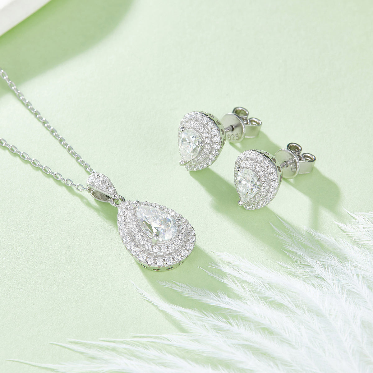 Pear Cut Moissanite Halo Pendant & Stud Earrings Set in White Gold Plated Sterling Silver#7