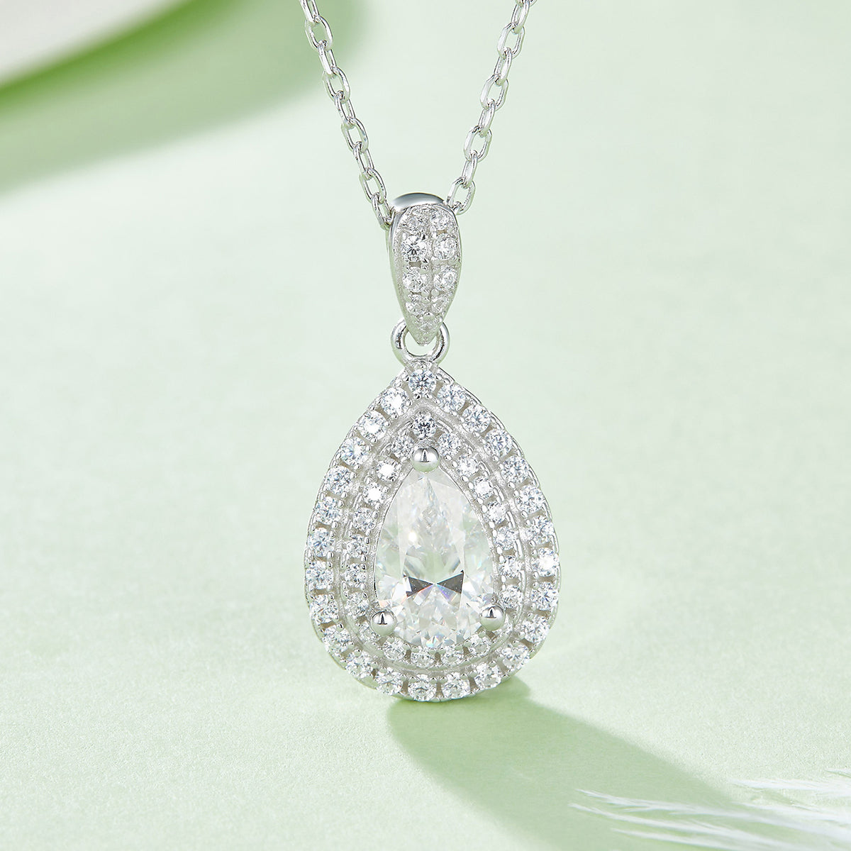 Pear Cut Moissanite Halo Pendant & Stud Earrings Set in White Gold Plated Sterling Silver#8