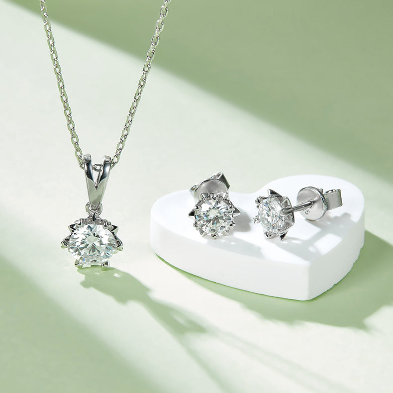 Moissanite Classic Snowflake Pendant & Stud Earrings Set in White Gold Plated Sterling Silver#6