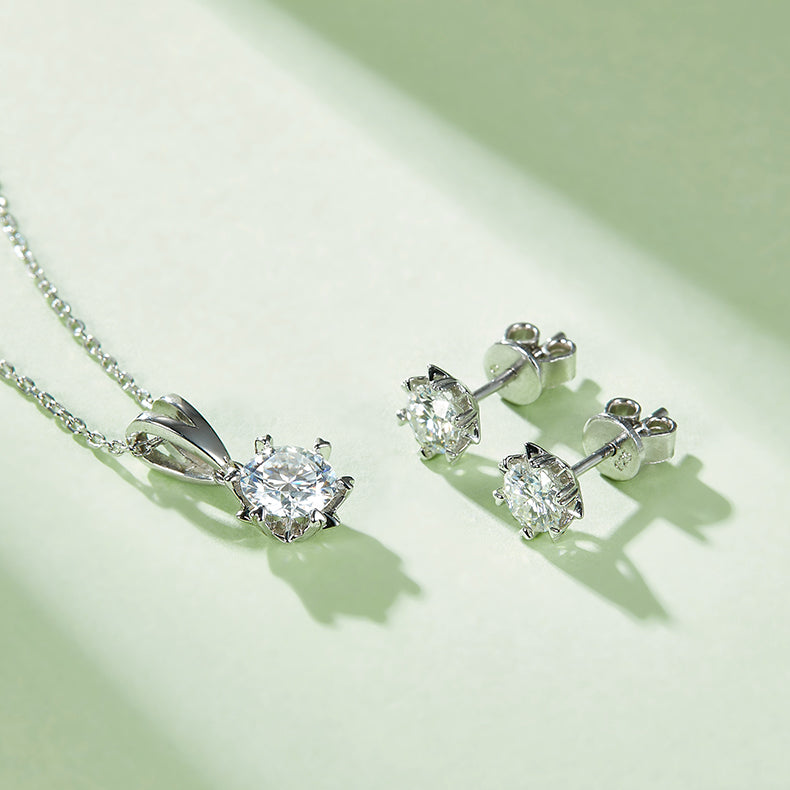 Moissanite Classic Snowflake Pendant & Stud Earrings Set in White Gold Plated Sterling Silver#5