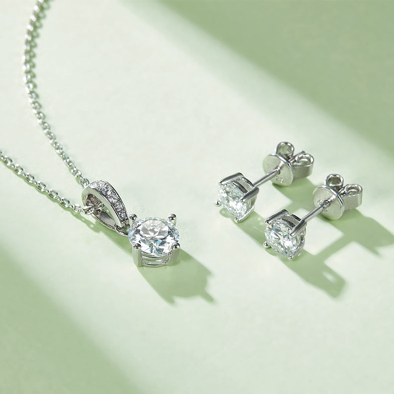Moissanite Classic 4-Prong Pendant & Stud Earrings Set in White Gold Plated Sterling Silver#4