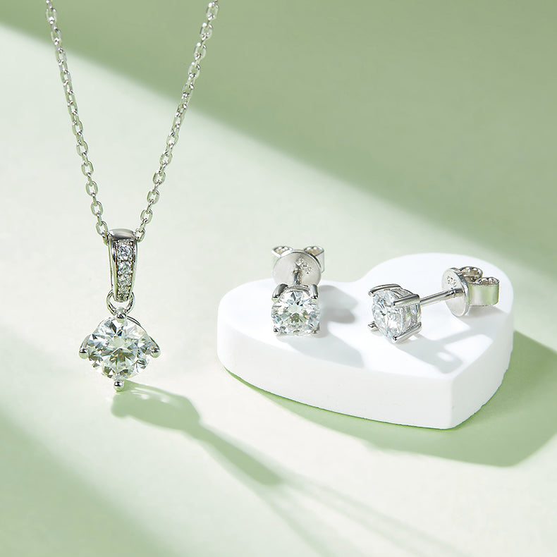 Moissanite Classic 4-Prong Pendant & Stud Earrings Set in White Gold Plated Sterling Silver#3