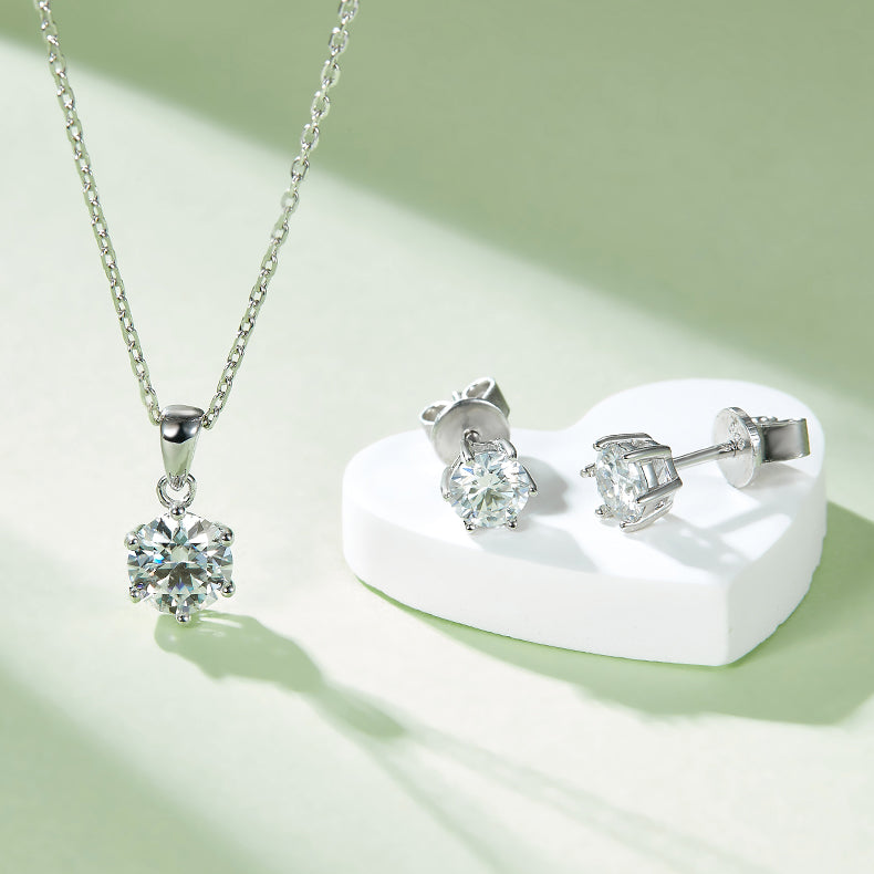 Moissanite Classic 6-Prong Pendant & Stud Earrings Set in White Gold Plated Sterling Silver#3