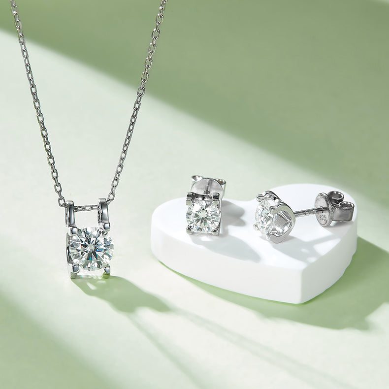 Moissanite Classic Peg Head Pendant & Stud Earrings Set in White Gold Plated Sterling Silver#3