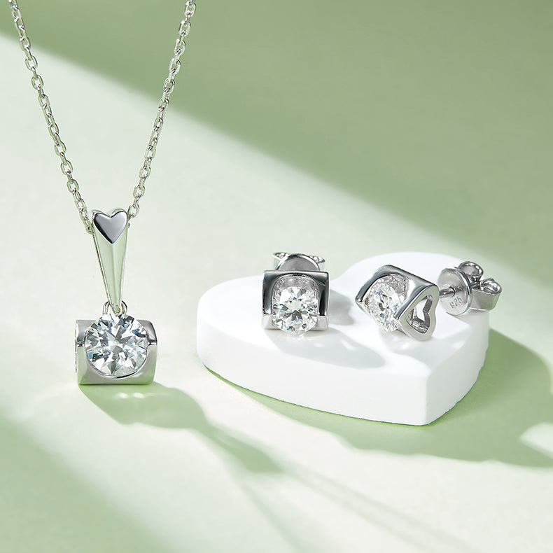 Moissanite Angel Kiss Pendant & Stud Earrings Set in White Gold Plated Sterling Silver#3