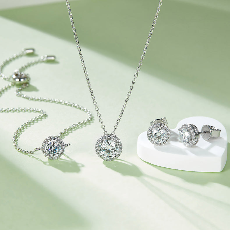 Bezel Set Moissanite Luxury Pendant & Stud Earrings Set in White Gold Plated Sterling Silver#6
