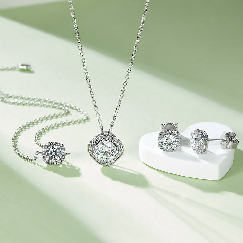 square Bezel Set Moissanite Luxury Pendant & Stud Earrings Set in White Gold Plated Sterling Silver#6