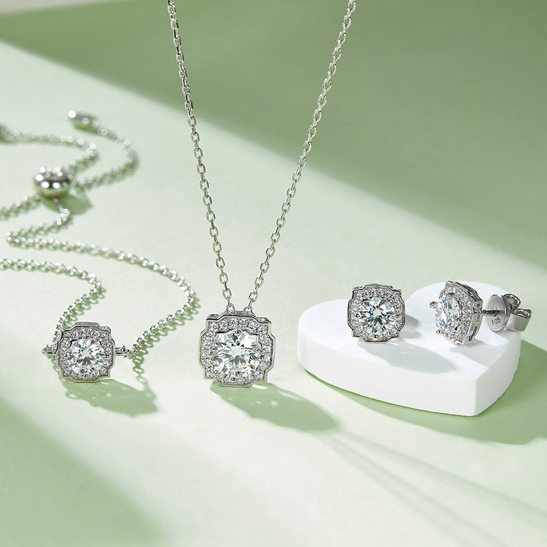 Moissanite Classic Luxury Halo Pendant & Stud Earrings Set in White Gold Plated Sterling Silver#6
