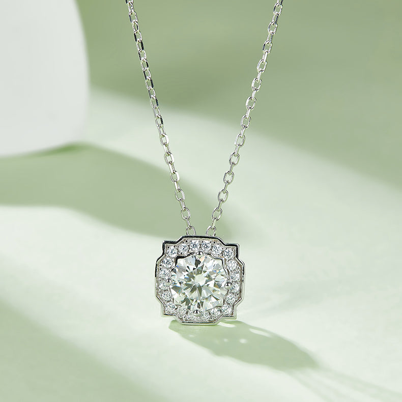 Moissanite Classic Luxury Halo Pendant & Stud Earrings Set in White Gold Plated Sterling Silver#7