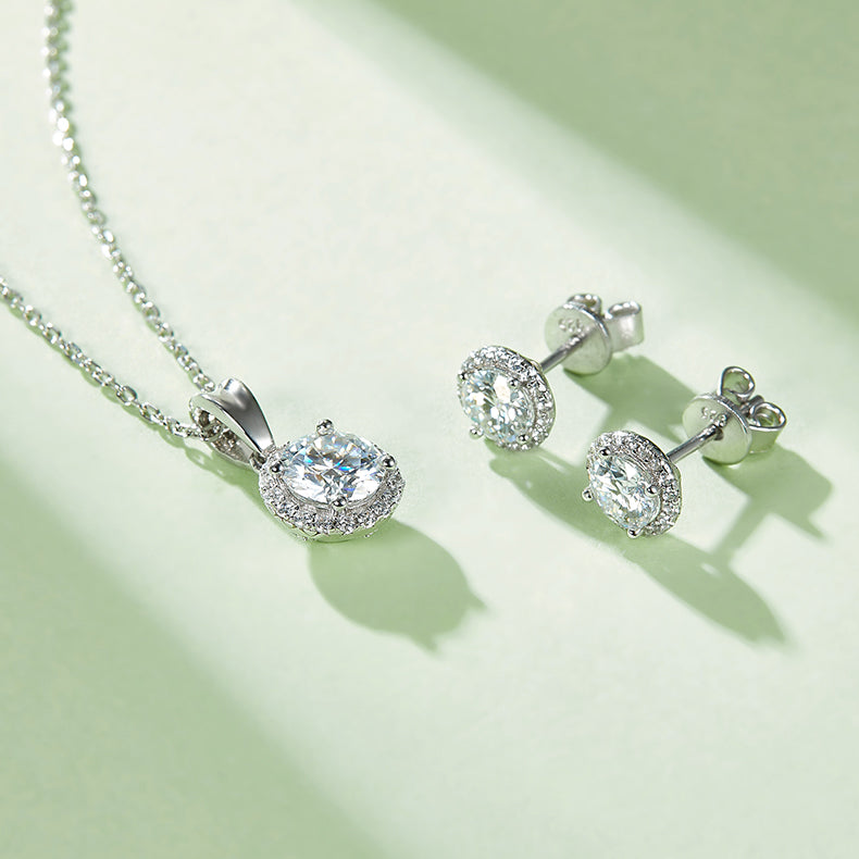 Bezel Set Moissanite Classic Pendant & Stud Earrings Set in White Gold Plated Sterling Silver#4