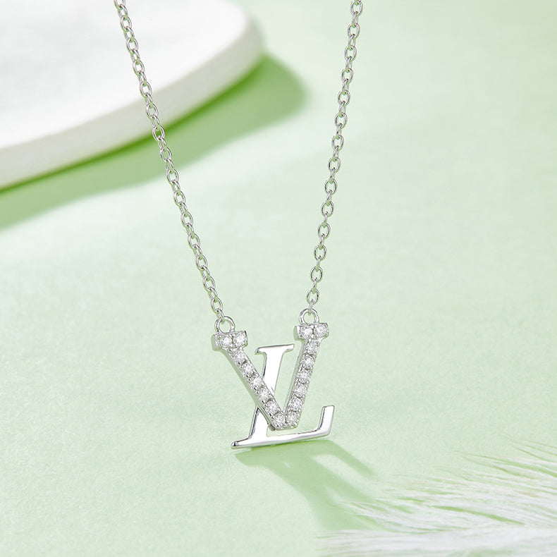 Moissanite LUV Letter Necklace in White Gold Plated Sterling Silver#0