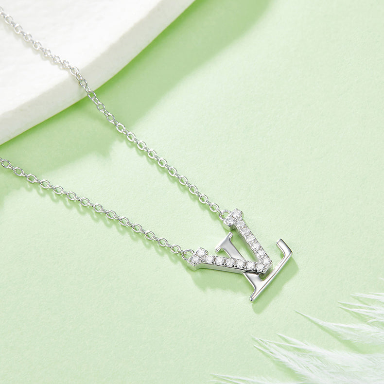 Moissanite LUV Letter Necklace in White Gold Plated Sterling Silver#2
