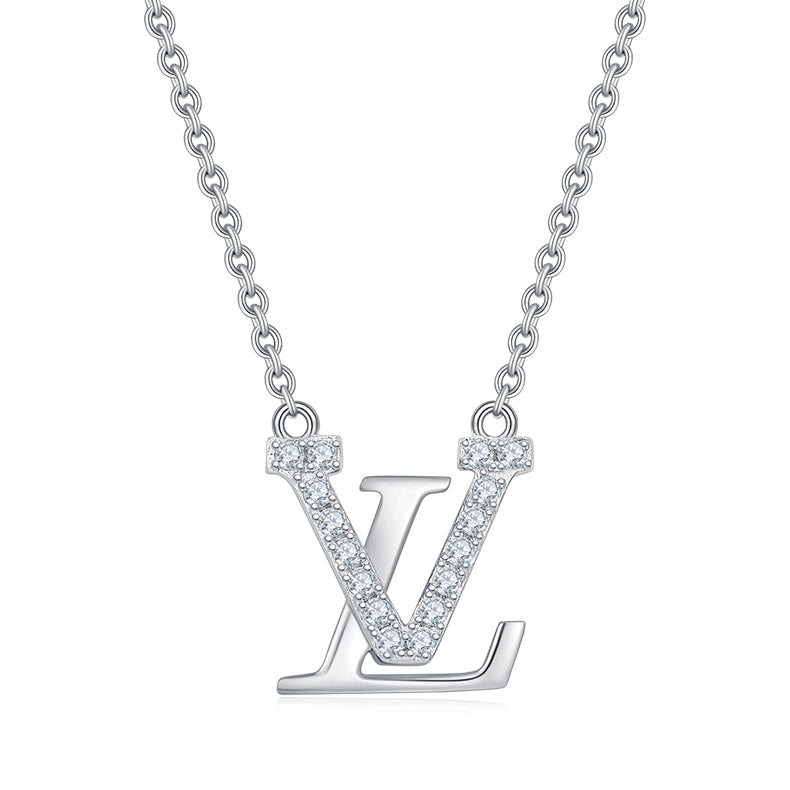 Moissanite LUV Letter Necklace in White Gold Plated Sterling Silver#0