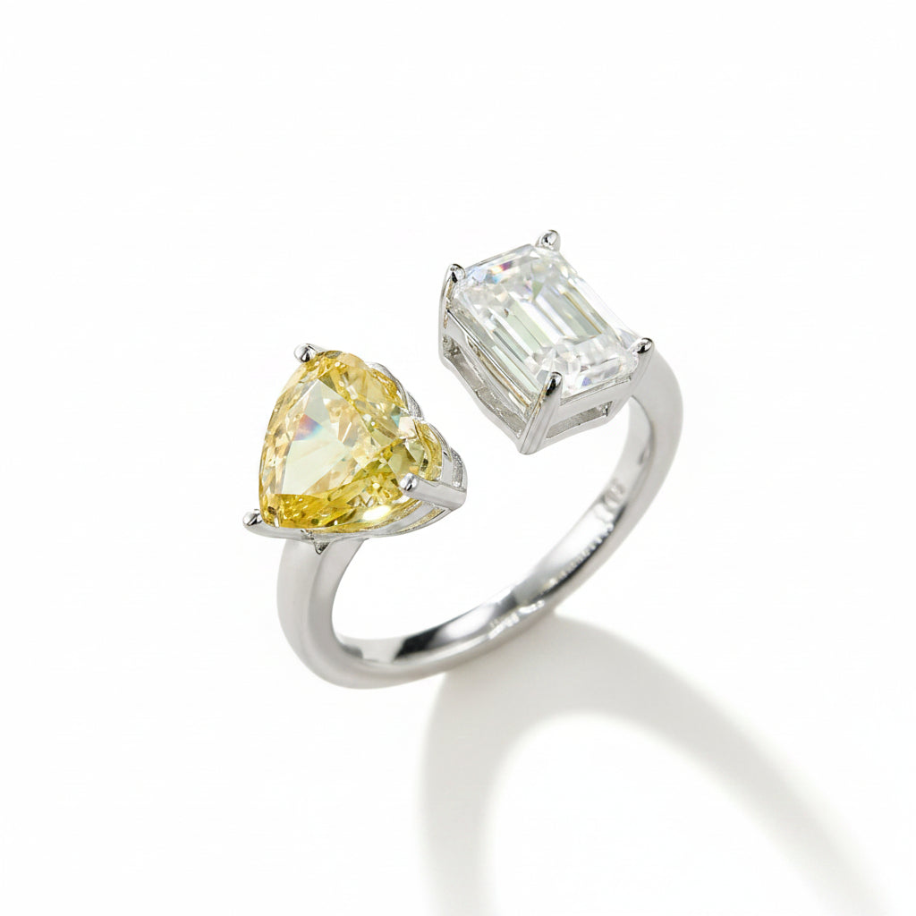 2.0 CT D Color Heart Crushed Ice and Emerald Cut Moissanite Ring in White Gold Plated Sterling Silver#1