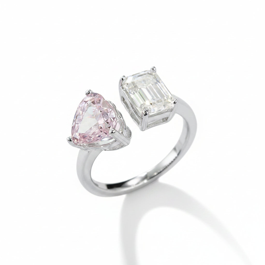 2.0 CT D Color Heart Crushed Ice and Emerald Cut Moissanite Ring in White Gold Plated Sterling Silver#2