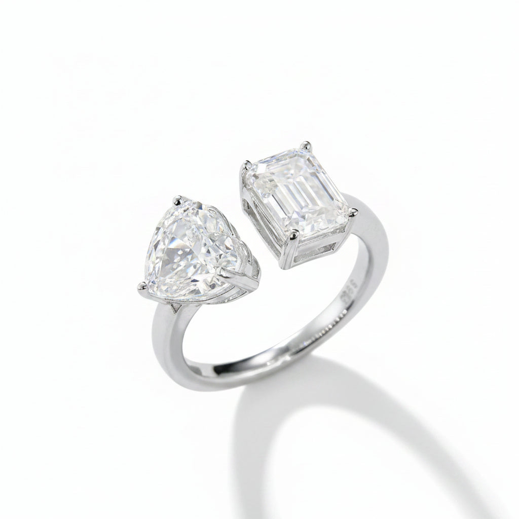 2.0 CT D Color Heart Crushed Ice and Emerald Cut Moissanite Ring in White Gold Plated Sterling Silver#0