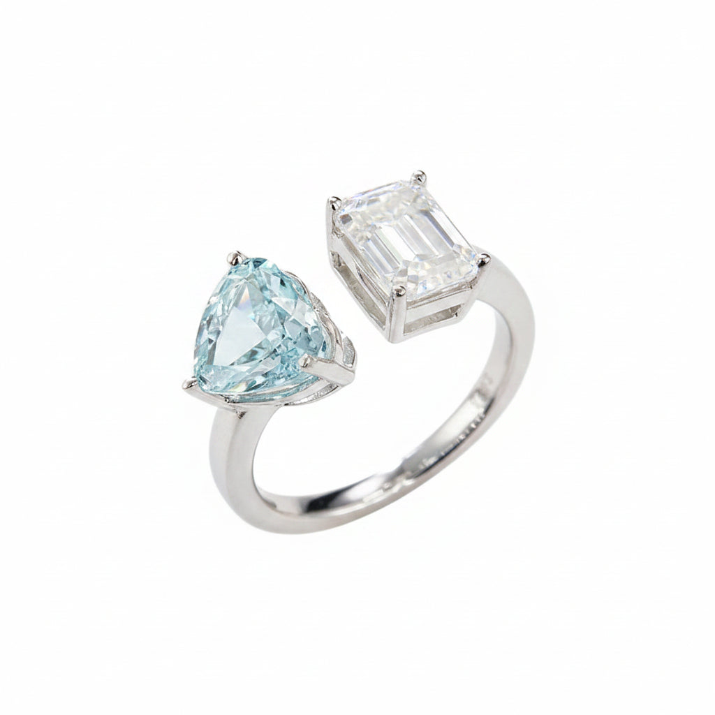 2.0 CT D Color Heart Crushed Ice and Emerald Cut Moissanite Ring in White Gold Plated Sterling Silver#3