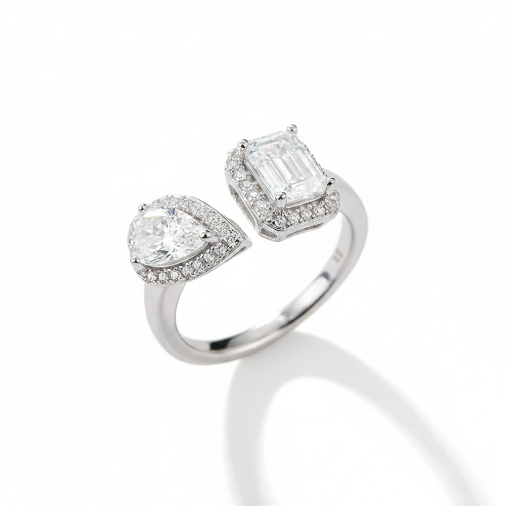 1.0 CT D Color Pear Crushed Ice and Emerald Cut Moissanite Ring in White Gold Plated Sterling Silver#0
