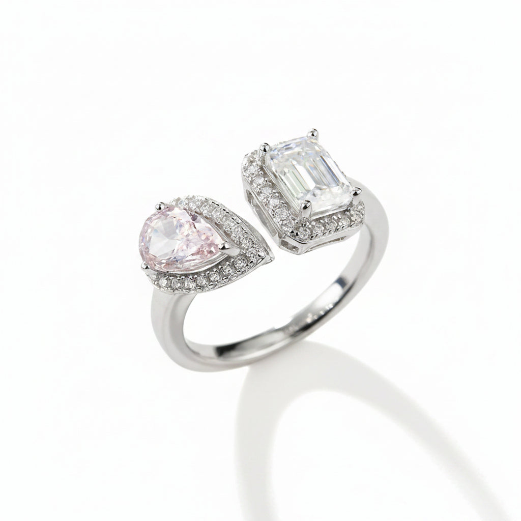 1.0 CT D Color Pear Crushed Ice and Emerald Cut Moissanite Ring in White Gold Plated Sterling Silver#2