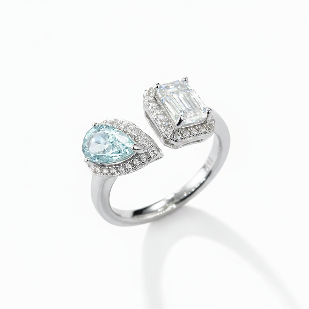 1.0 CT D Color Pear Crushed Ice and Emerald Cut Moissanite Ring in White Gold Plated Sterling Silver#3