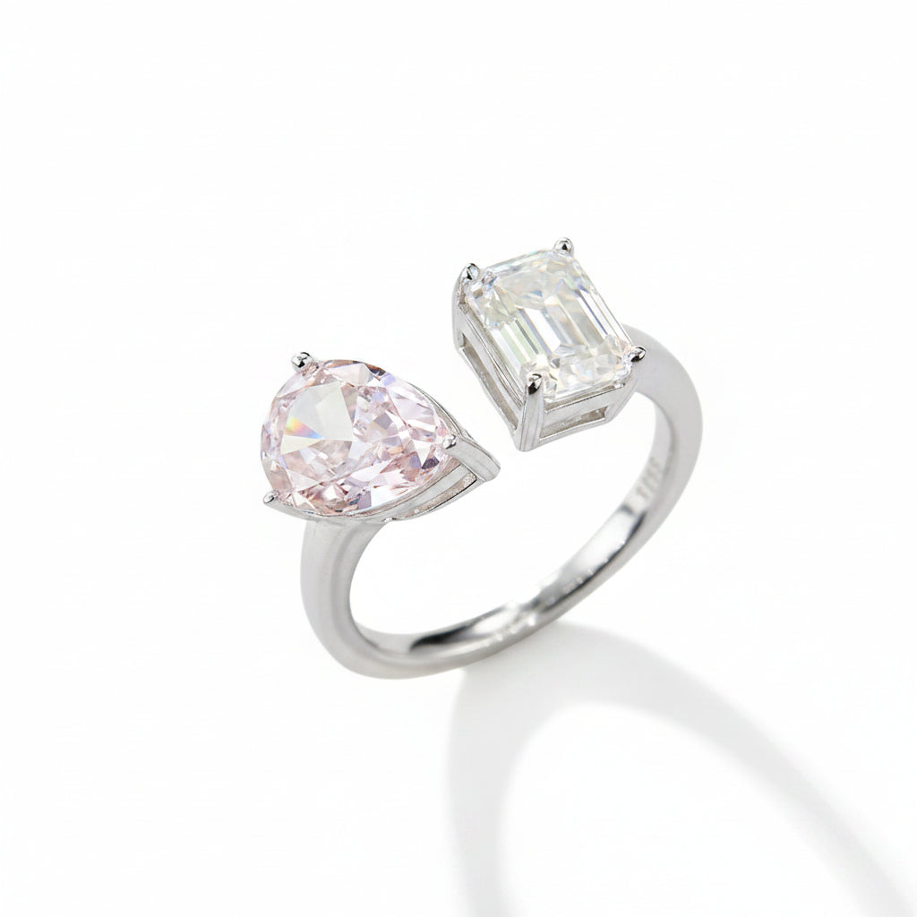 2.0 CT D Color Pear Crushed Ice and Emerald Cut Moissanite Ring in White Gold Plated Sterling Silver#2