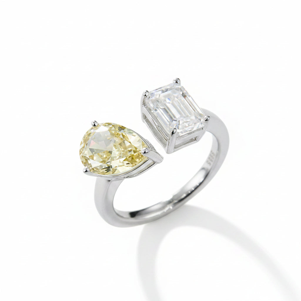 2.0 CT D Color Pear Crushed Ice and Emerald Cut Moissanite Ring in White Gold Plated Sterling Silver#1
