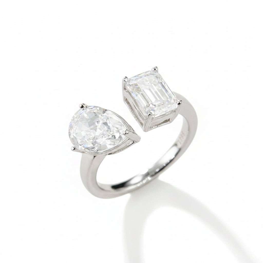 2.0 CT D Color Pear Crushed Ice and Emerald Cut Moissanite Ring in White Gold Plated Sterling Silver#0