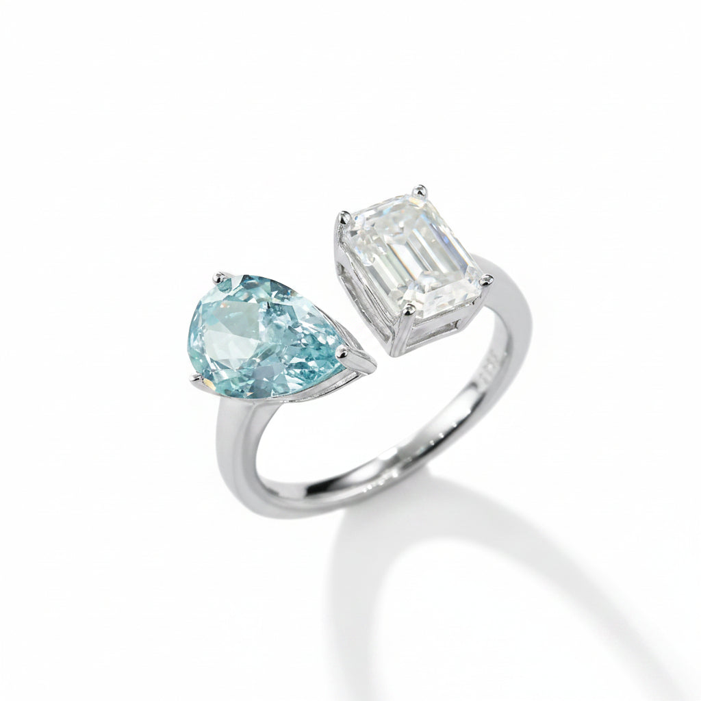 2.0 CT D Color Pear Crushed Ice and Emerald Cut Moissanite Ring in White Gold Plated Sterling Silver#3