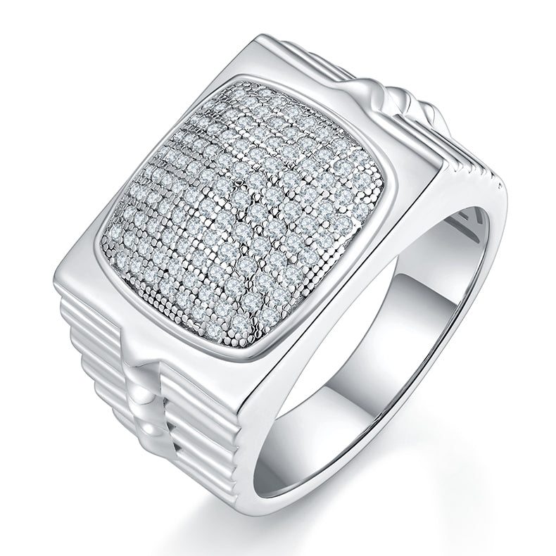 0.7 CT D Color Moissanite Melee Halo Men's Band in White Gold Plated Sterling Silver#0