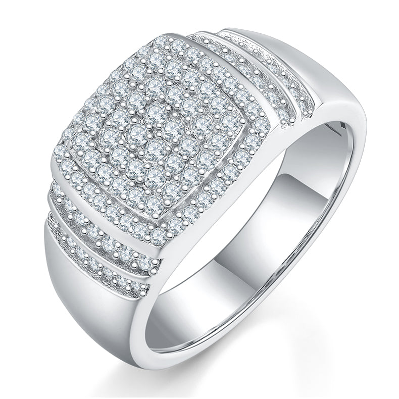 0.82 CT D Color Moissanite Melee Halo Men's Band in White Gold Plated Sterling Silver#0