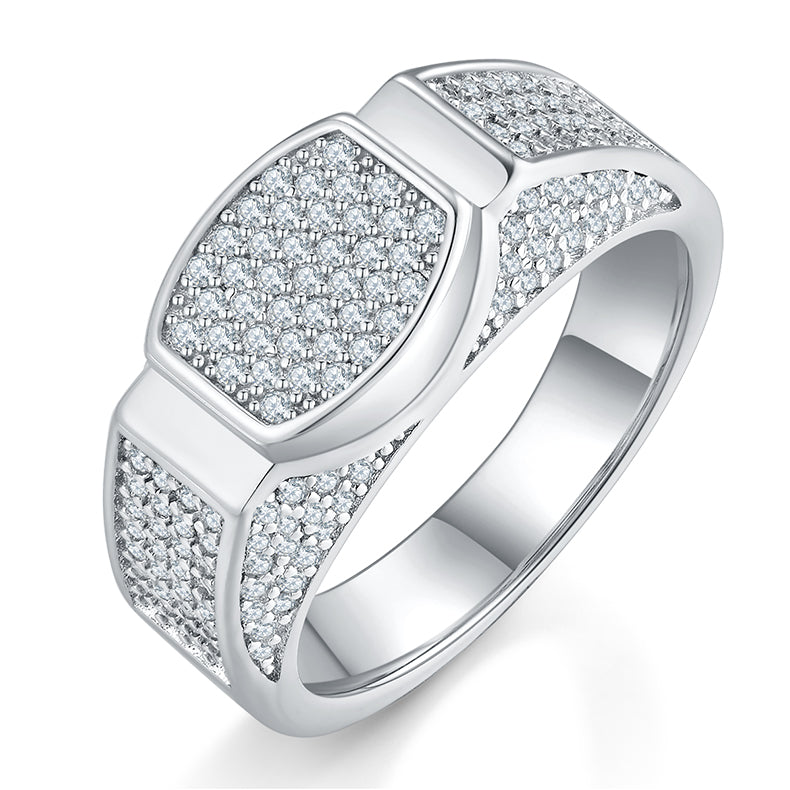 0.95 CT D Color Moissanite Melee Halo Men's Band in White Gold Plated Sterling Silver#0