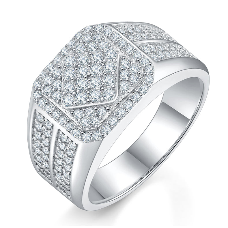 1.0 CT D Color Moissanite Melee Halo Men's Band in White Gold Plated Sterling Silver#0