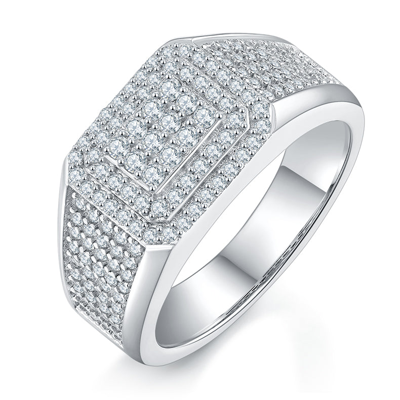 0.84 CT D Color Moissanite Melee Halo Men's Band in White Gold Plated Sterling Silver#0