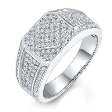 0.94 CT D Color Moissanite Melee Halo Men's Band in White Gold Plated Sterling Silver#0