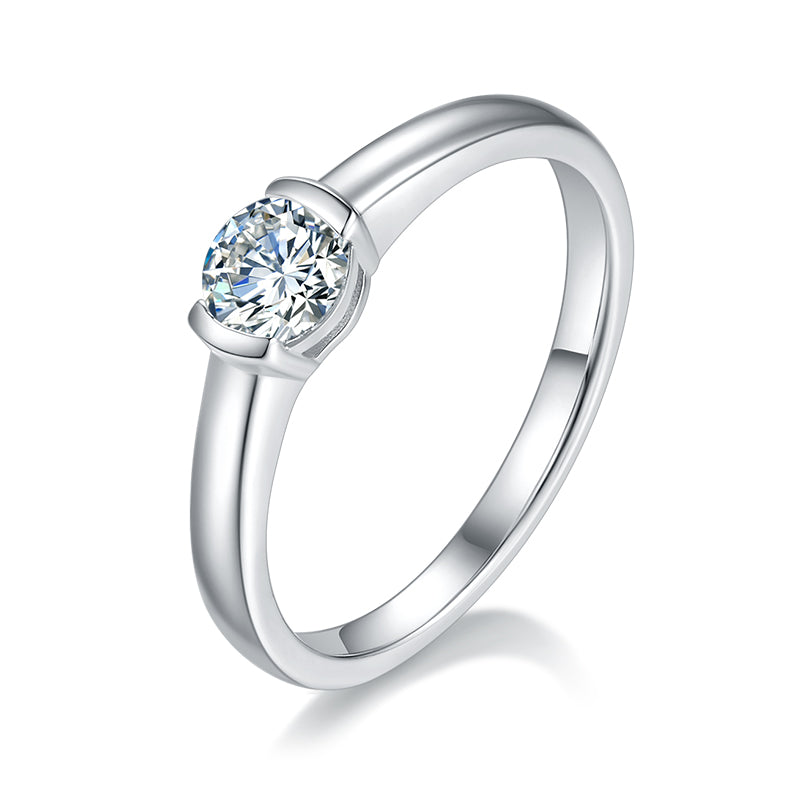 0.5 CT D Color Round Cut Moissanite Minimalist Ring in White Gold Plated Sterling Silver#0