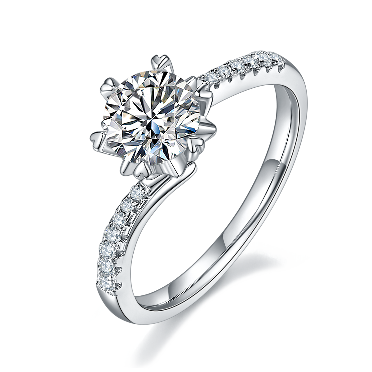 1.0 CT D Color Moissanite Pave Snowflake Twisted Shank Ring in White Gold Plated Sterling Silver#0