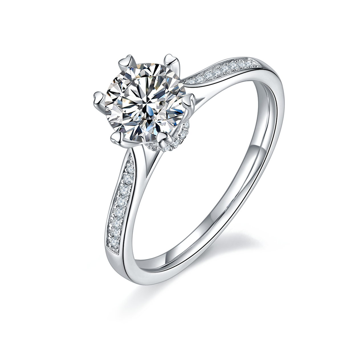 1.0 CT D Color Moissanite Pave Spinning Fortune Straight Shank Ring in White Gold Plated Sterling Silver#0