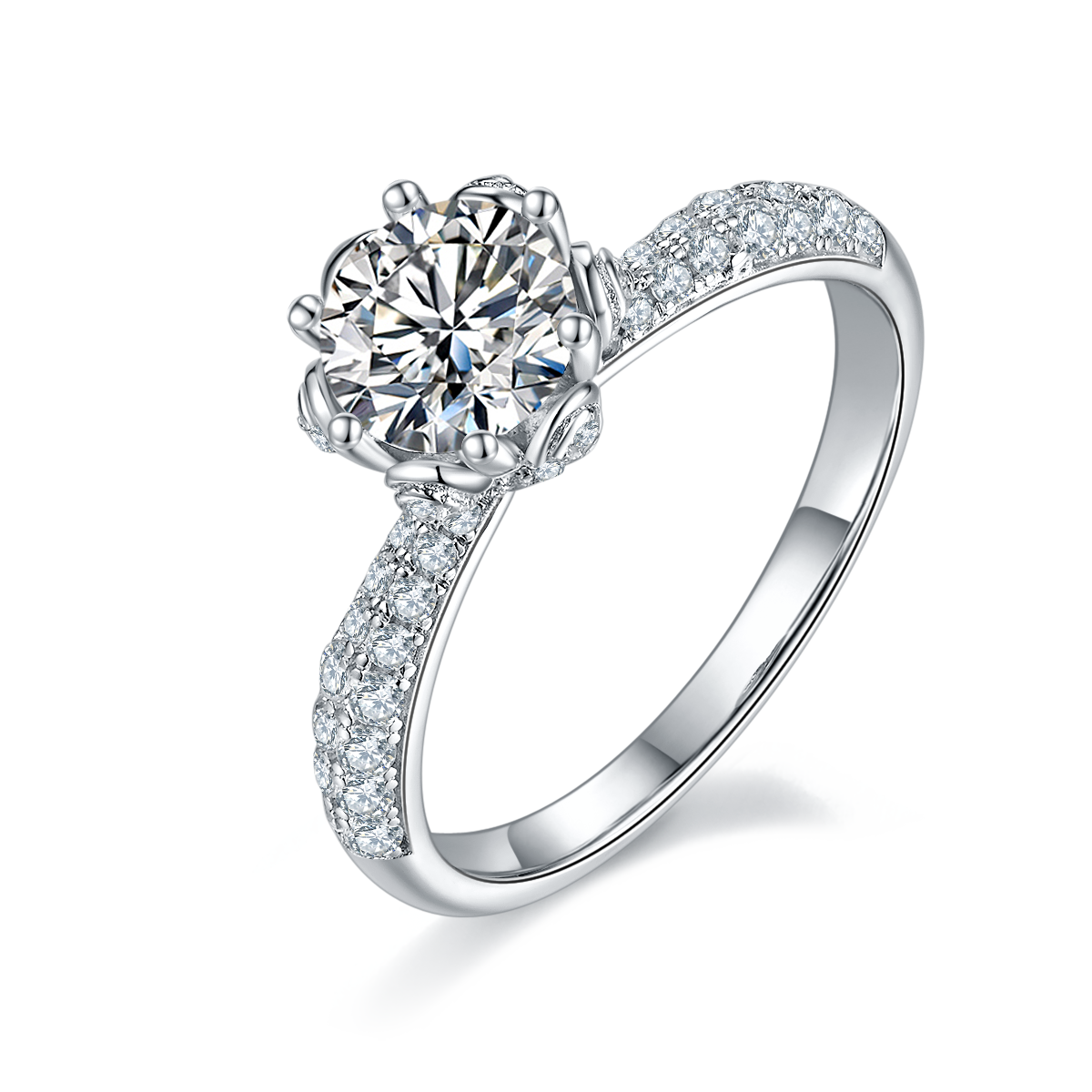 1.0 CT D Color Moissanite Flora Halo Straight Shank Ring in White Gold Plated Sterling Silver#0