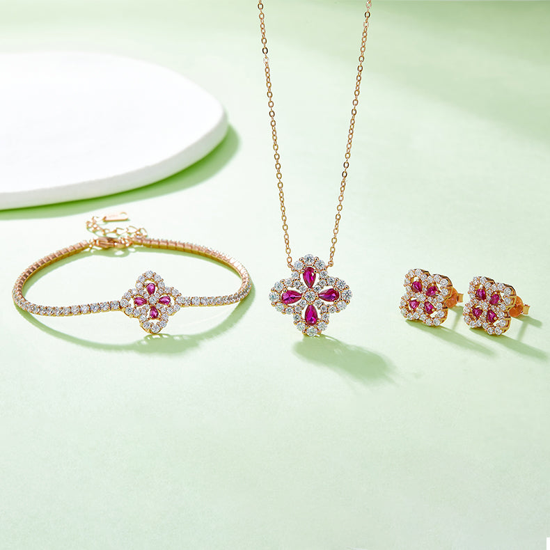 Lab-Grown Ruby Clover Necklace, Earrings & Bracelet Set in Rose Gold Plated Sterling Silver#4