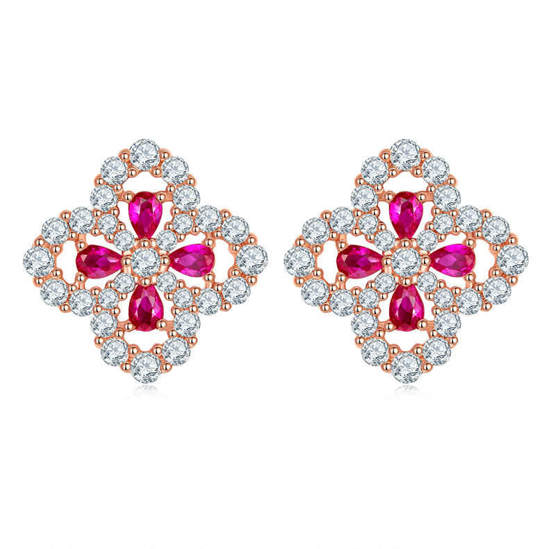 Lab-Grown Ruby Clover Necklace, Earrings & Bracelet Set in Rose Gold Plated Sterling Silver#1