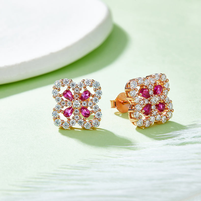 Lab-Grown Ruby Clover Necklace, Earrings & Bracelet Set in Rose Gold Plated Sterling Silver#6