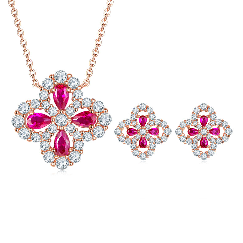 Lab-Grown Ruby Clover Necklace, Earrings & Bracelet Set in Rose Gold Plated Sterling Silver#3
