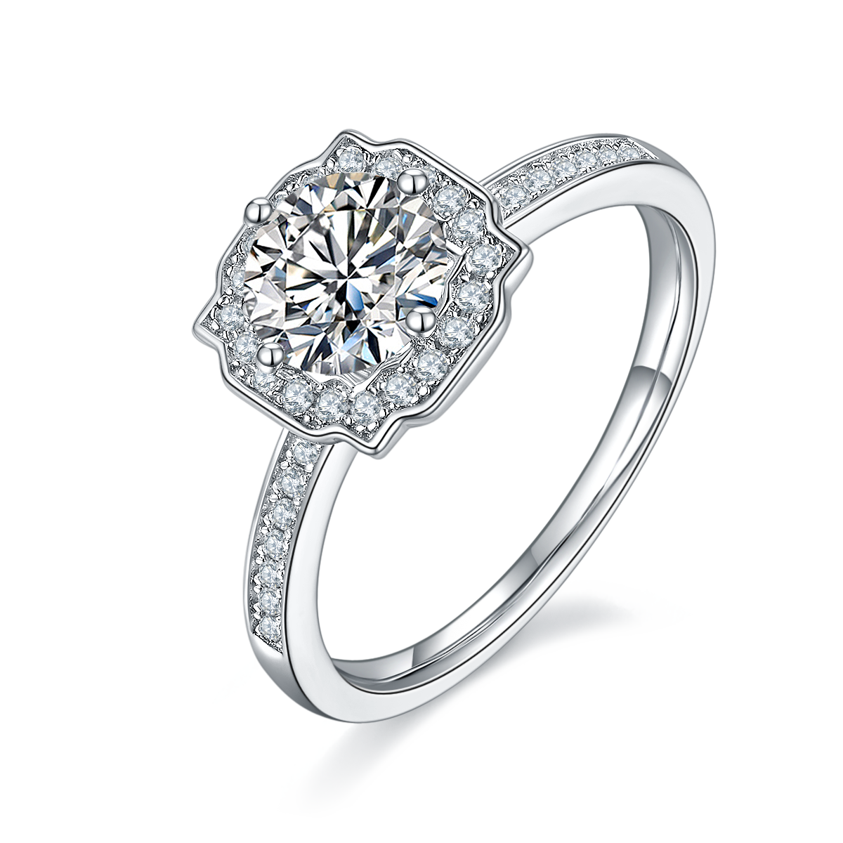 1.0 CT D Color Moissanite Pave Luxury Halo Ring in White Gold Plated Sterling Silver#0